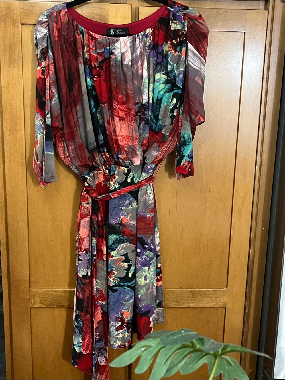 Jaune Jeunesse Abstract Floral Print Midi Dress Medium Tie Waist Art-to-Wear